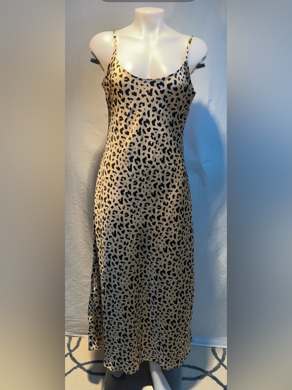 Beige Leopard-Print Midi Dress with Thin Straps